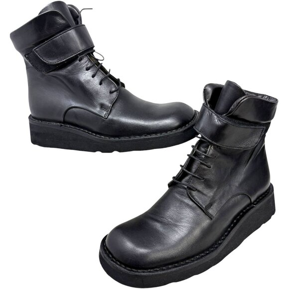 Alter Ego Black Calves Leather Wedge Combat Boots - Picture 11 of 11